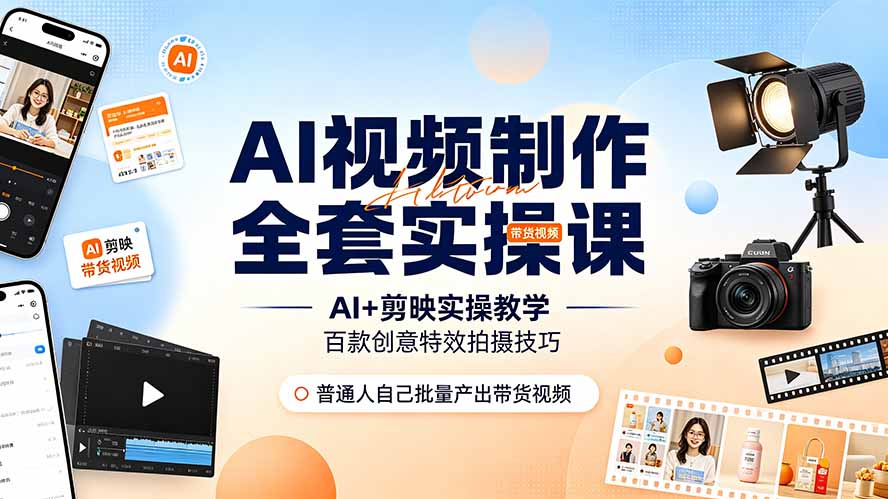 AI视频制作全套实操课，多款AI工具搭配剪映教学，百种特效运镜拍摄实操，抖音账号带货运营全覆盖-baizmi
