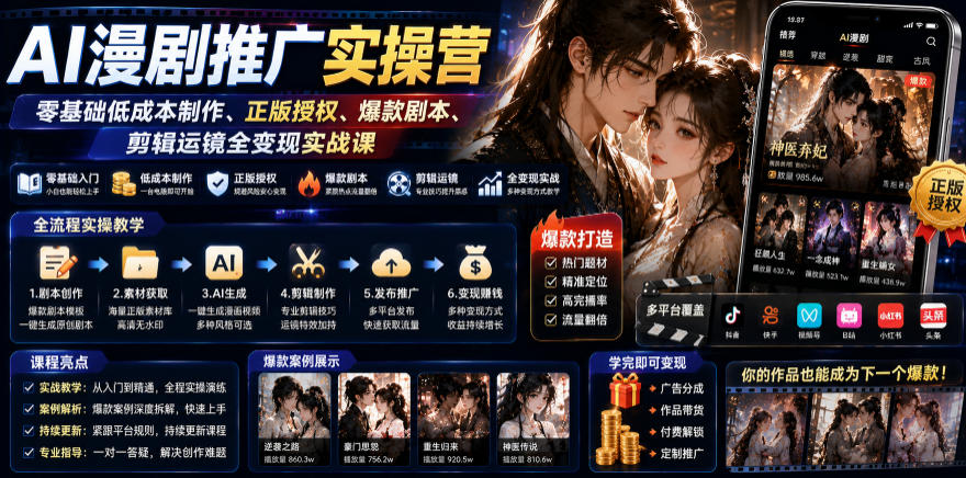 AI漫剧推广实操营｜零基础低成本制作、正版授权、爆款剧本、剪辑运镜全变现实战课-baizmi