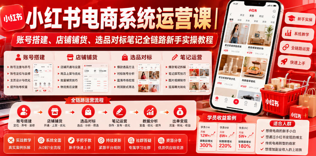 小红书电商系统运营课｜账号搭建、店铺铺货、选品对标笔记全链路新手实操教程-baizmi